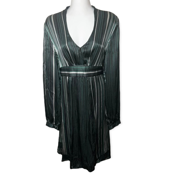 Tahari Women's Green Silk V-Neck Empire Waist Tie Back Striped Dress Size 10 - Picture 1 of 16